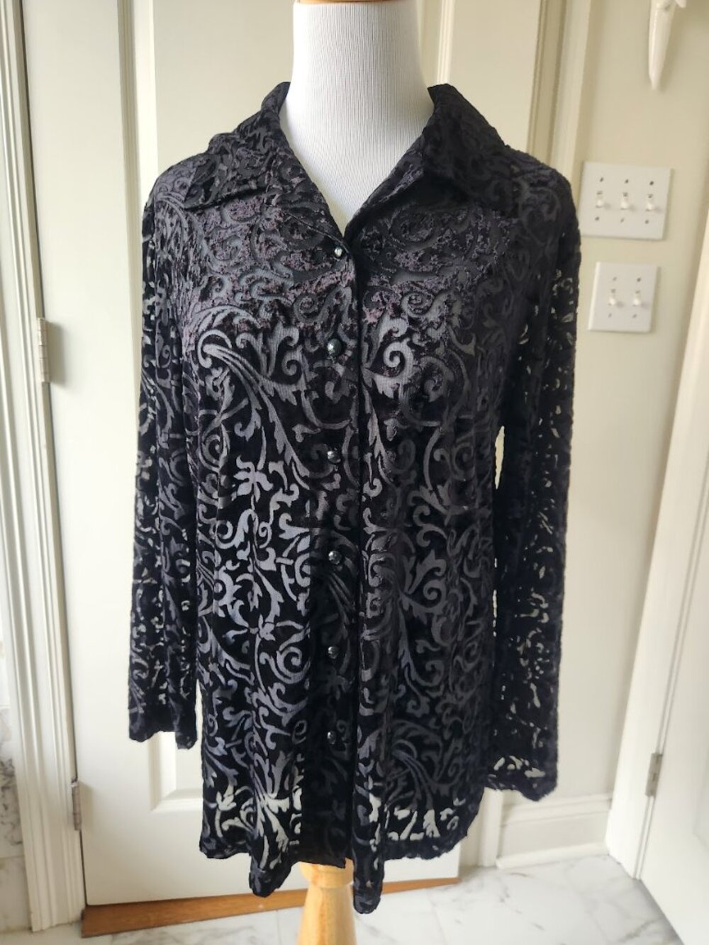 Sheer Burnout Button-Front Top - M velvet Whimsigoth witchy Goth Velvet Black